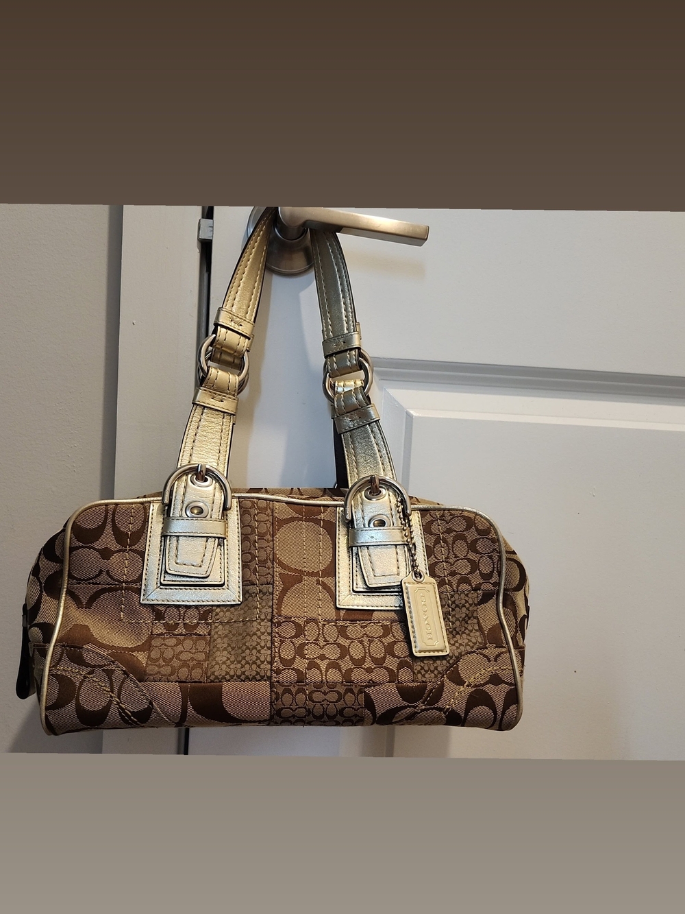 Coach Patchwork Signature Satchel in Brown with Gold Trim